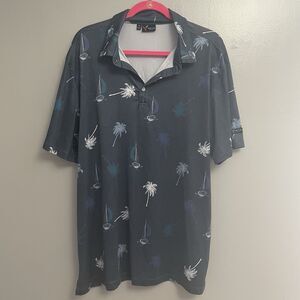 Yatta Golf Polo Shirt Mens XL Blue Pattern Palm Tree Sail Boat Casual